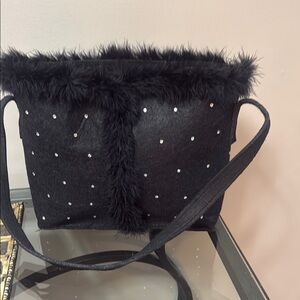 Luxurious Black Fur-Trimmed Shoulder Bag with Sparkling Embellishments
